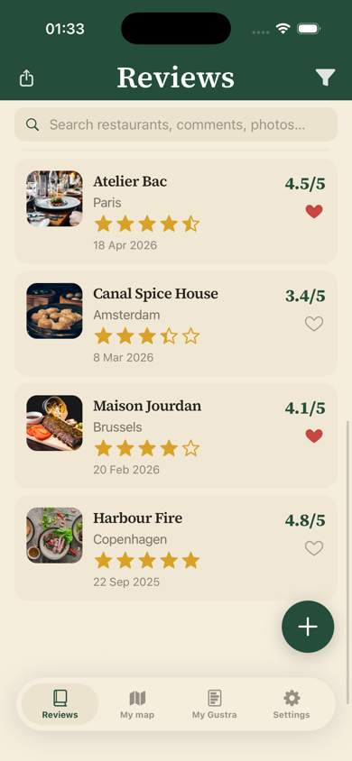 Gustra memories feed with restaurant cards, photos and scores across Europe