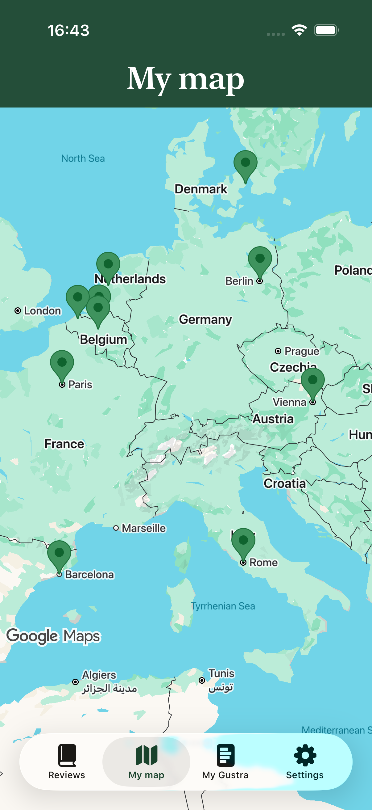 Gustra My map with restaurant pins across Europe