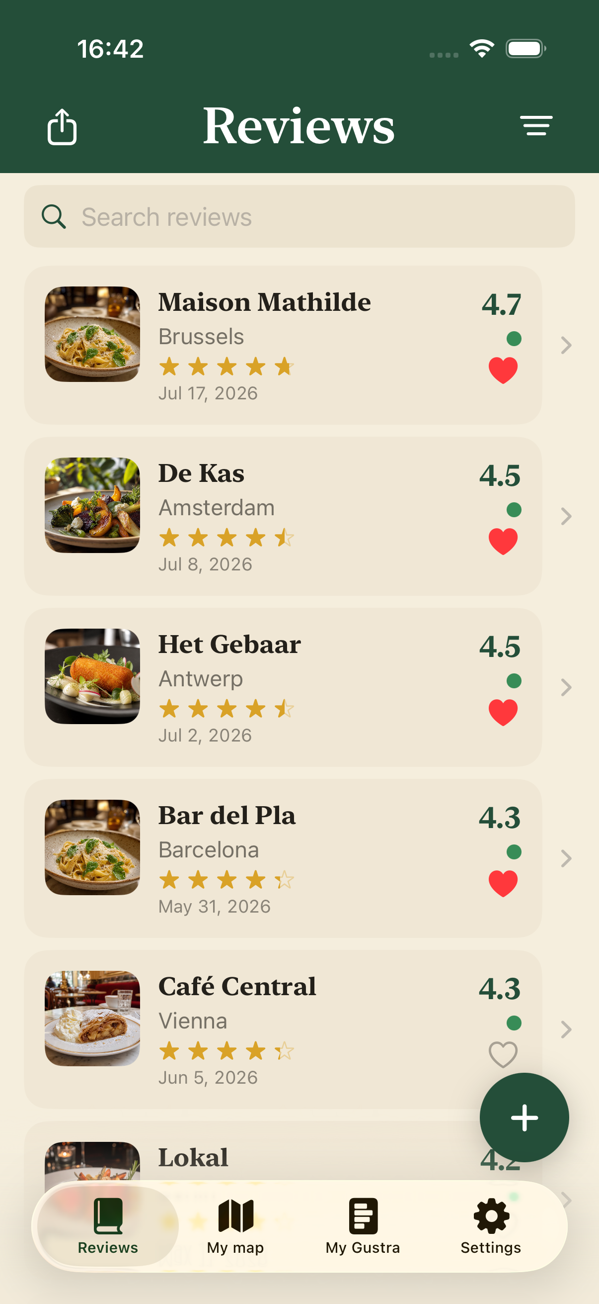 Gustra Reviews feed with restaurant photos, scores, and favorites