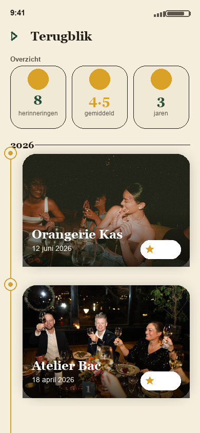 Gustra Terugblik timeline with cinematic photo cards of meals and friends across the years