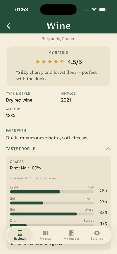 Gustra wine card for Clos des Lucioles Pinot Noir with a detailed taste profile